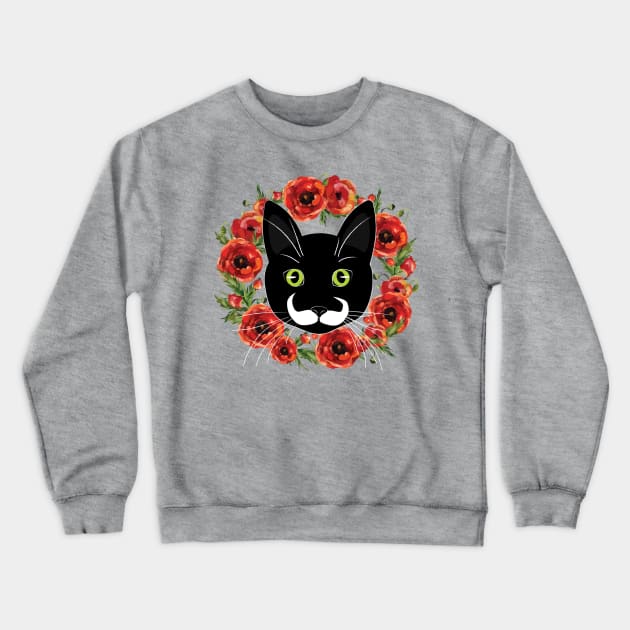 Mustache Cat with Flowers Crewneck Sweatshirt by EMthatwonders